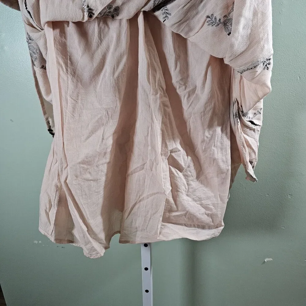 FREE PEOPLE Pink Gray Emma Floral Embroidered Boho Mini‎ Swing Dress Size Large